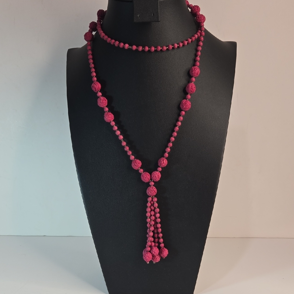 Vintage Crushed-Rose Petal Dark-Pink Bead Necklace Tassel Flapper Victorian